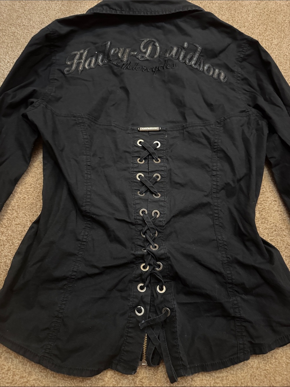 Black Harley Davidson Womens Zip-Front Jacket with corset back